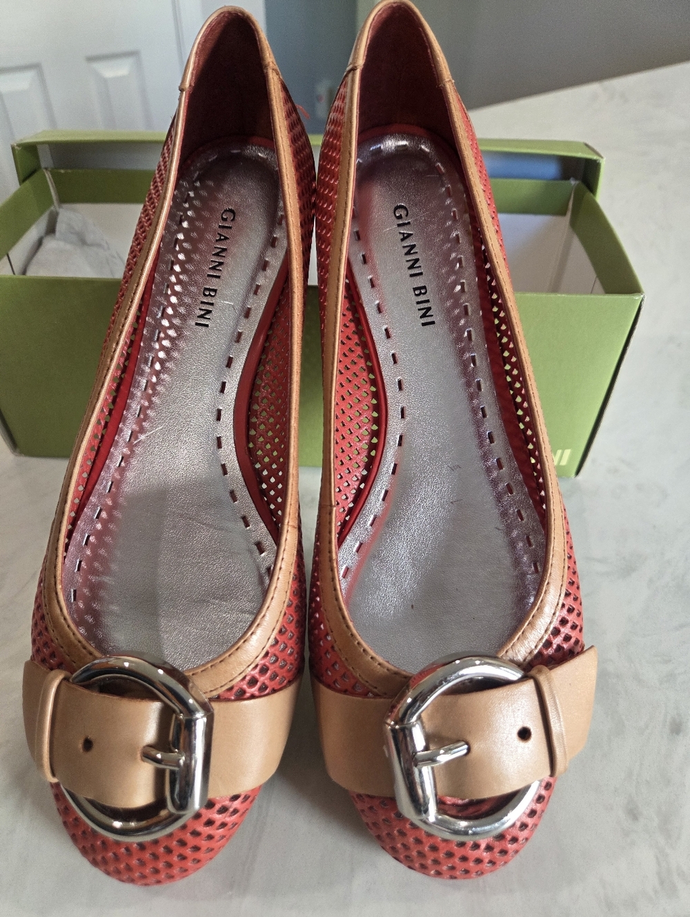 Gianni Bini Red and Tan Perforated Ballet Flats with Buckle Accent